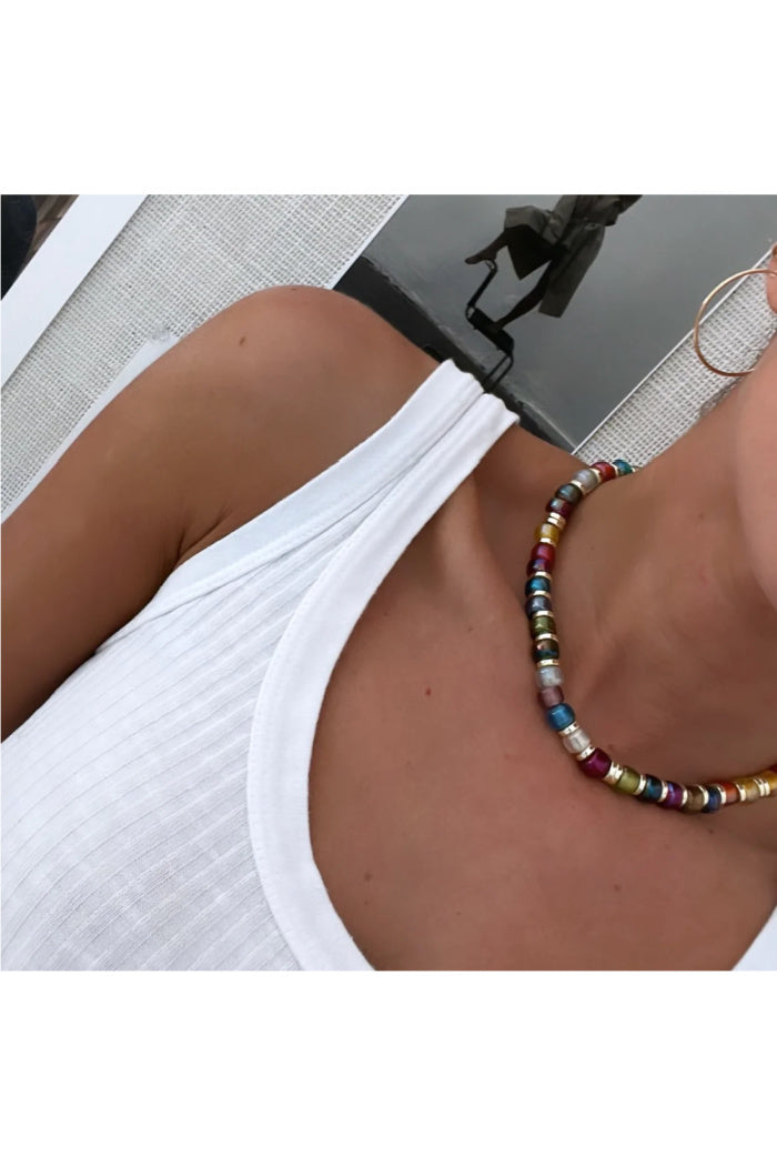 Multicolor Beaded Necklace in Gold - 15"