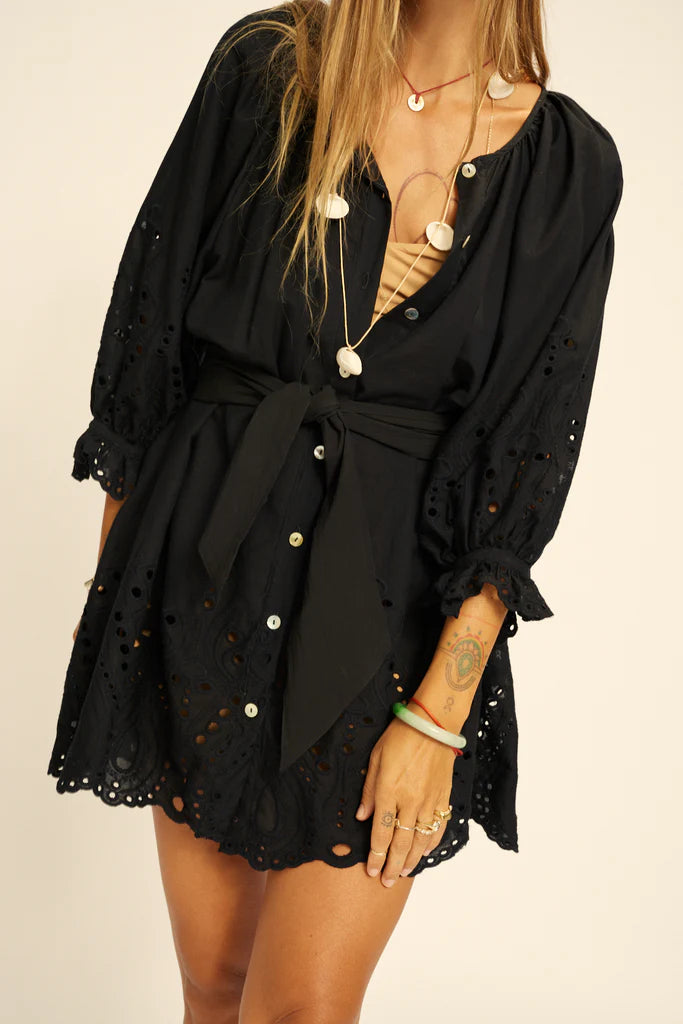 Alex Short Dress in Tangier Border Embroidery Nero
