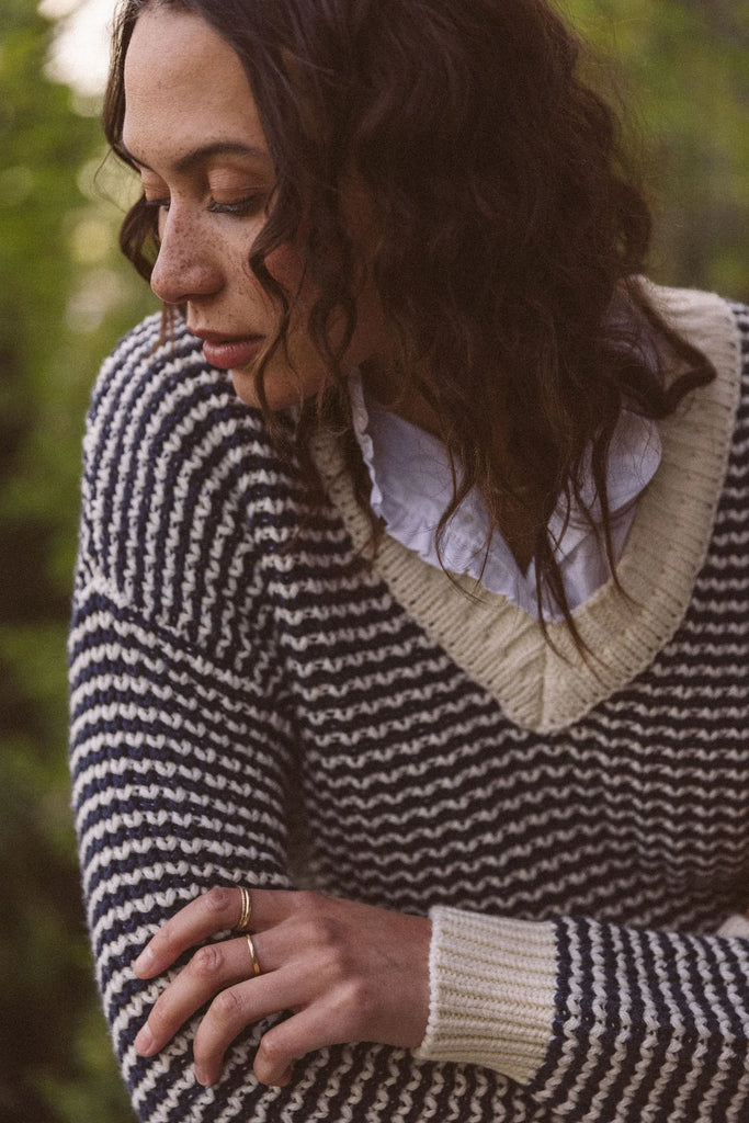 Tucker V-Neck Sweater in Navy Stripe