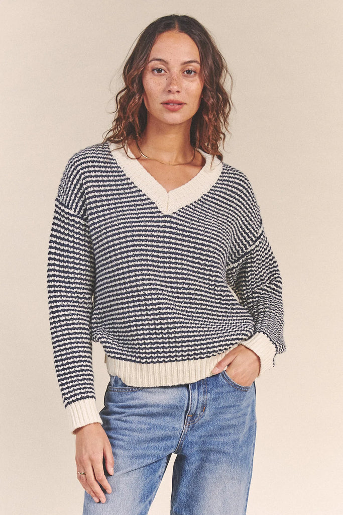 Tucker V-Neck Sweater in Navy Stripe