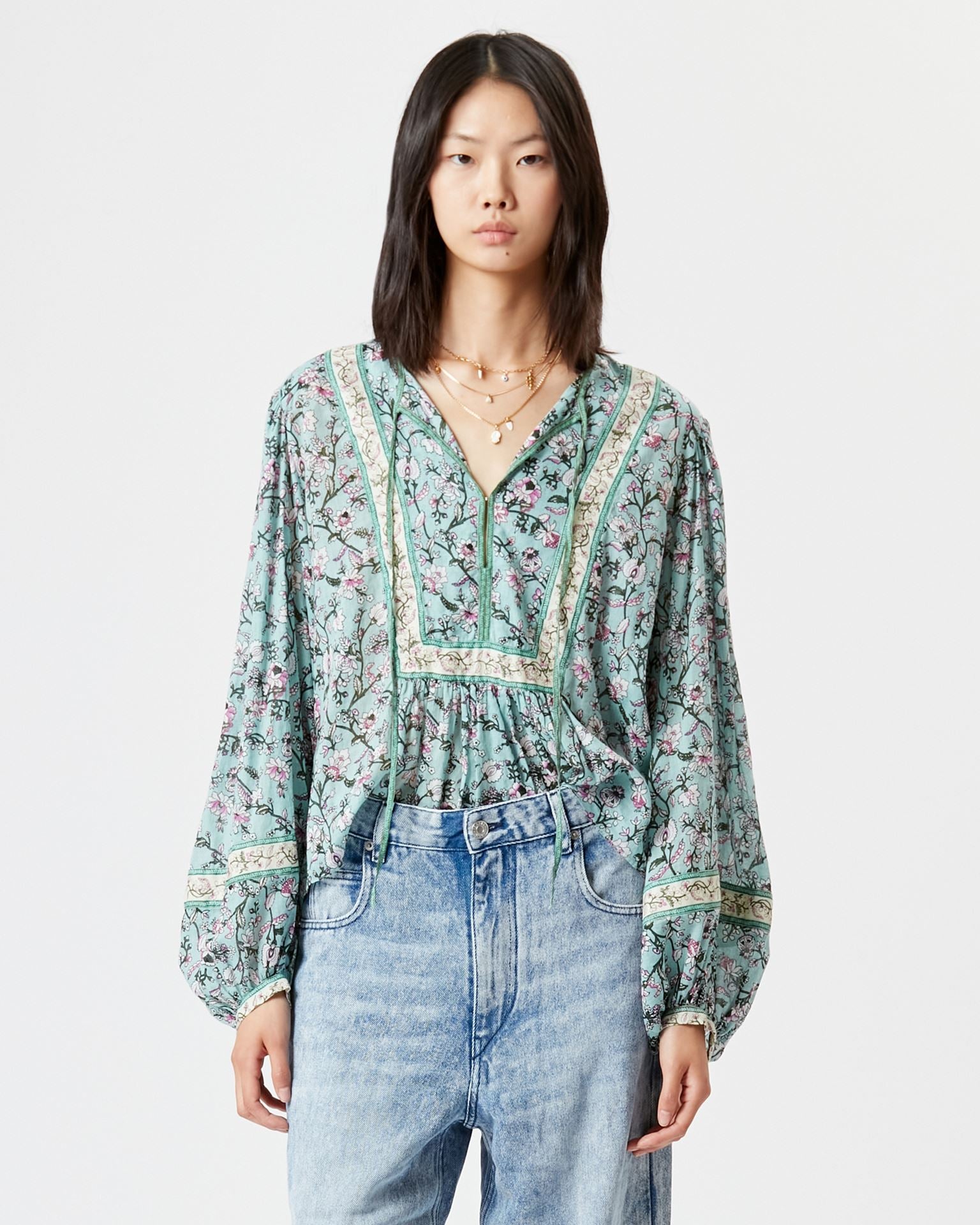 Gayle Floral Printed Cotton Top in Almond Green