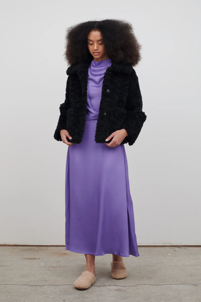 Traci Curly Faux Fur Jacket in Black