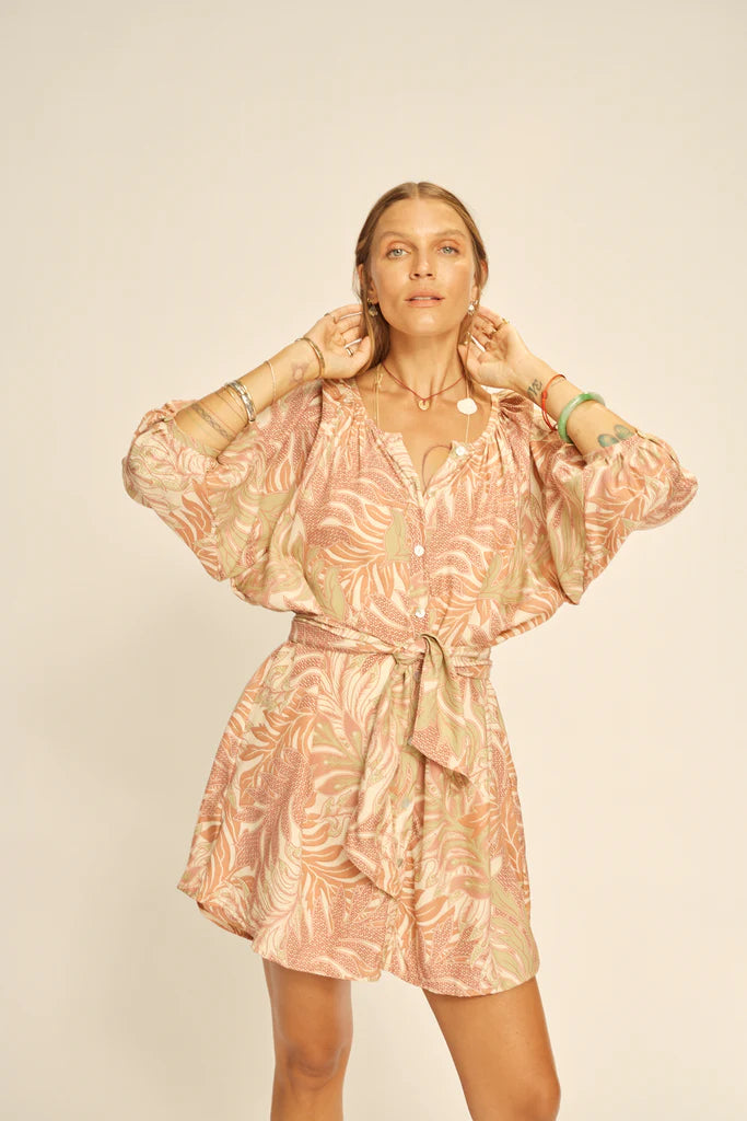 Alex Short Dress with Sash in Jungle Print Clay